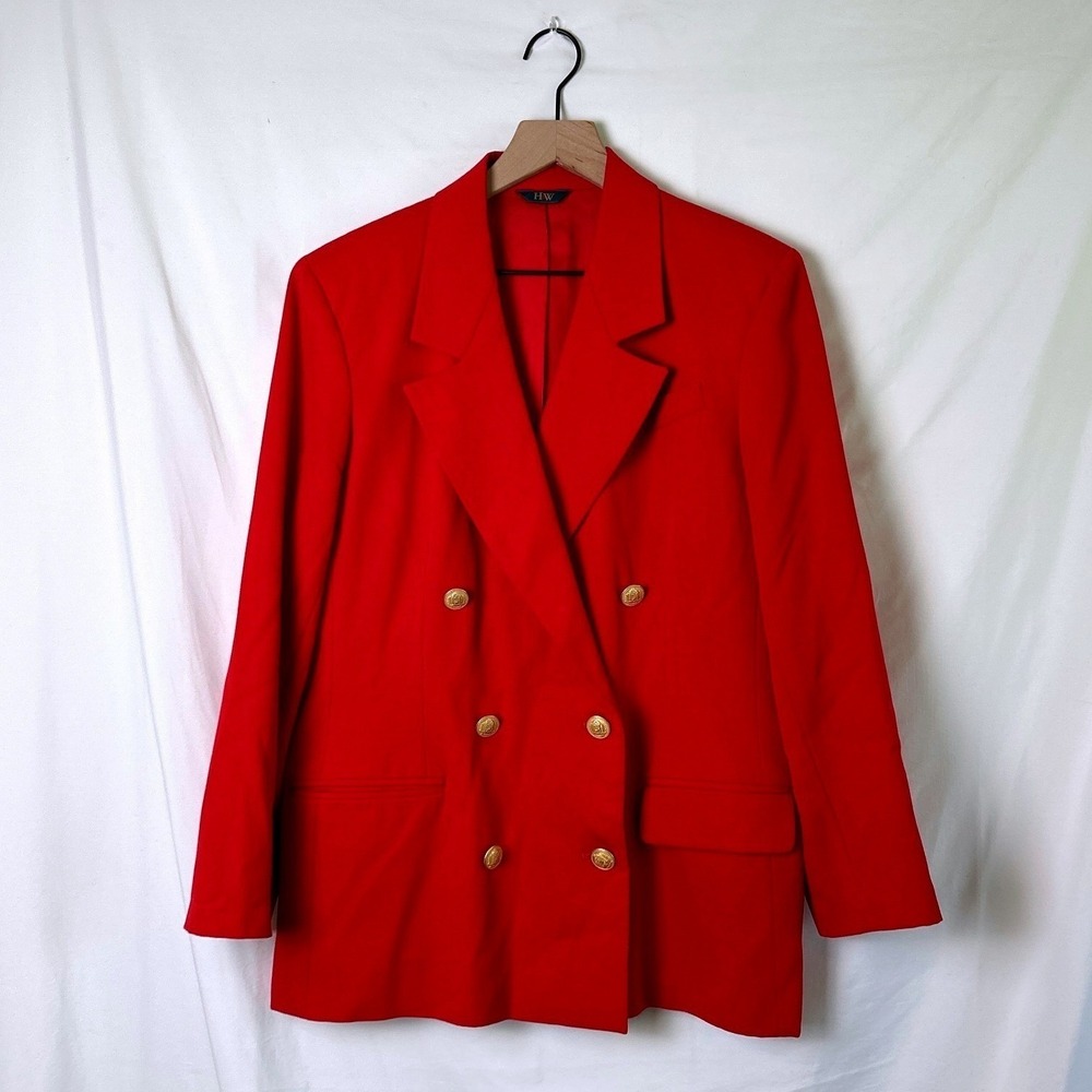 H&W Womens Double Breasted Blazer Red Size 12 Wool Gold Crest Button Vintage
